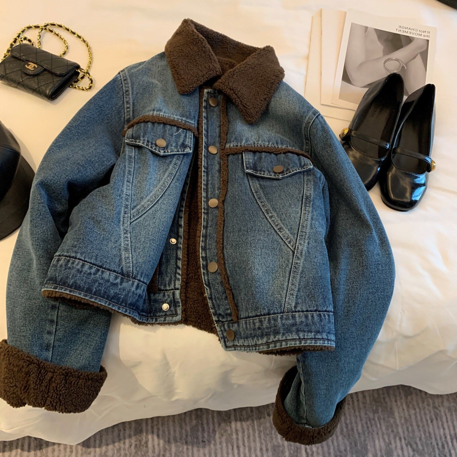 加絨毛領牛仔棉衣女冬季新款寬鬆加厚高級感棉服外套百搭寬鬆棉襖