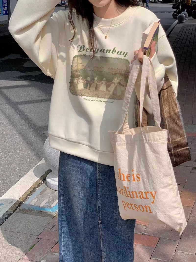 薄款華棉牛奶絲 加絨華棉銀狐絨 圓領印花衛衣女情侶質量
