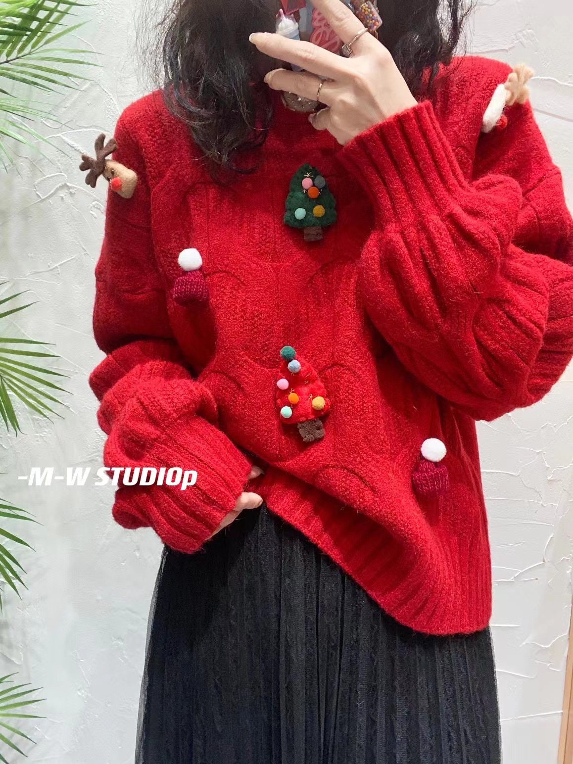 秋冬新款韓系聖誕新年紅高級感慵懶風加厚套頭圓領毛衣