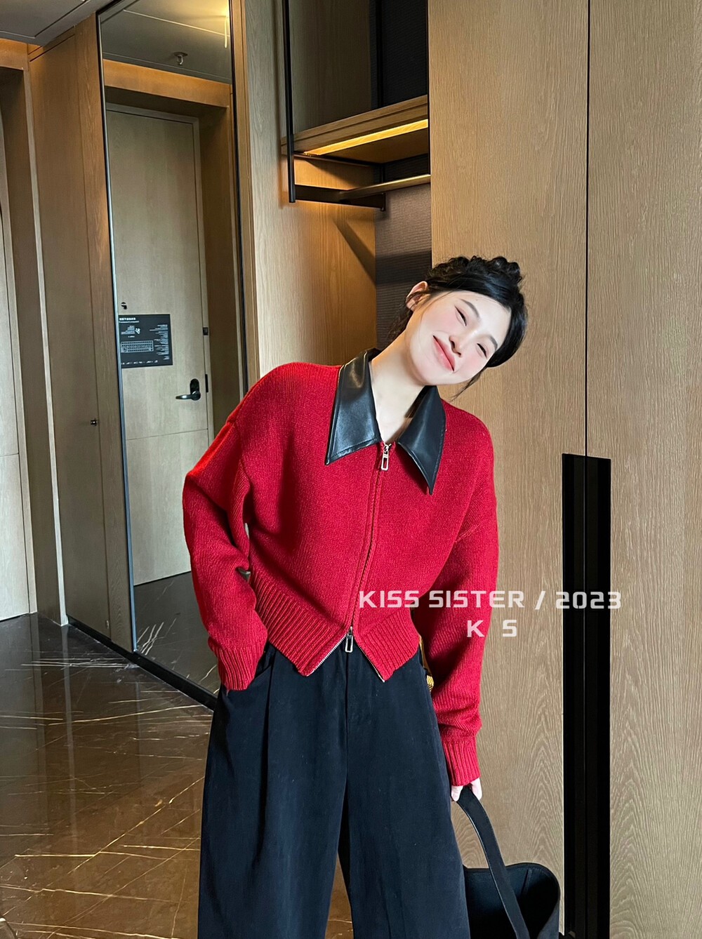 Polo領設計感拼接皮領雙拉鏈毛衣外套女秋冬季新款加厚針織衫