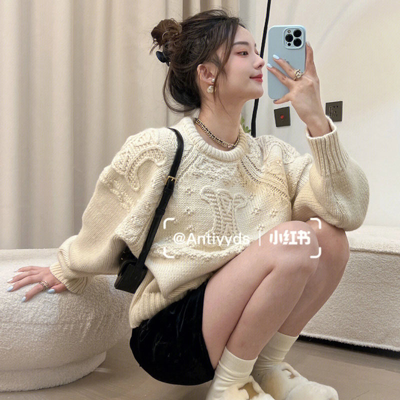 設計感炸街毛衣女秋冬2023新款法式杏色粗線針織衫粗針短款上衣潮