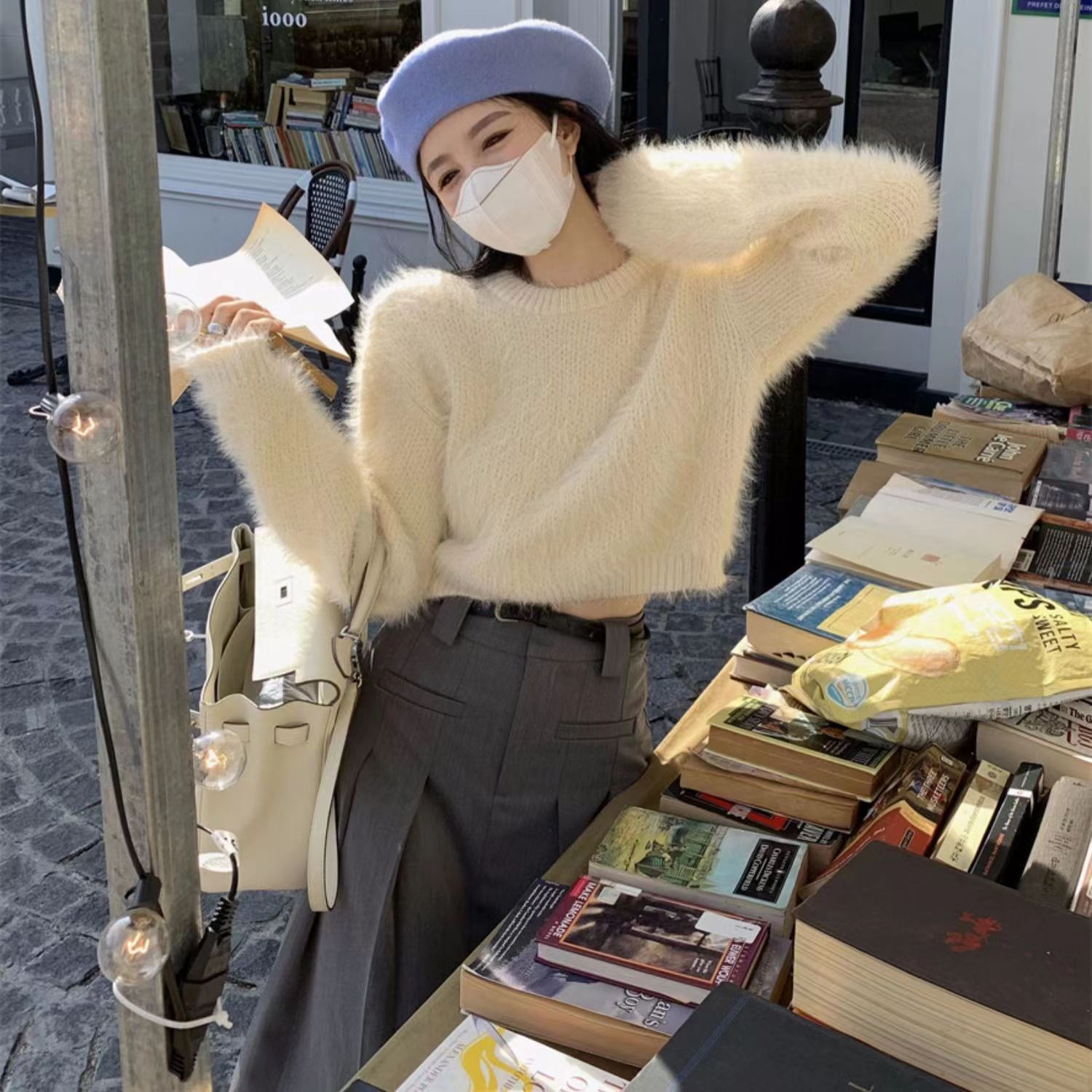 水貂絨毛衣女短款秋冬新款加厚寬鬆慵懶風小個子針織衫毛絨上衣潮