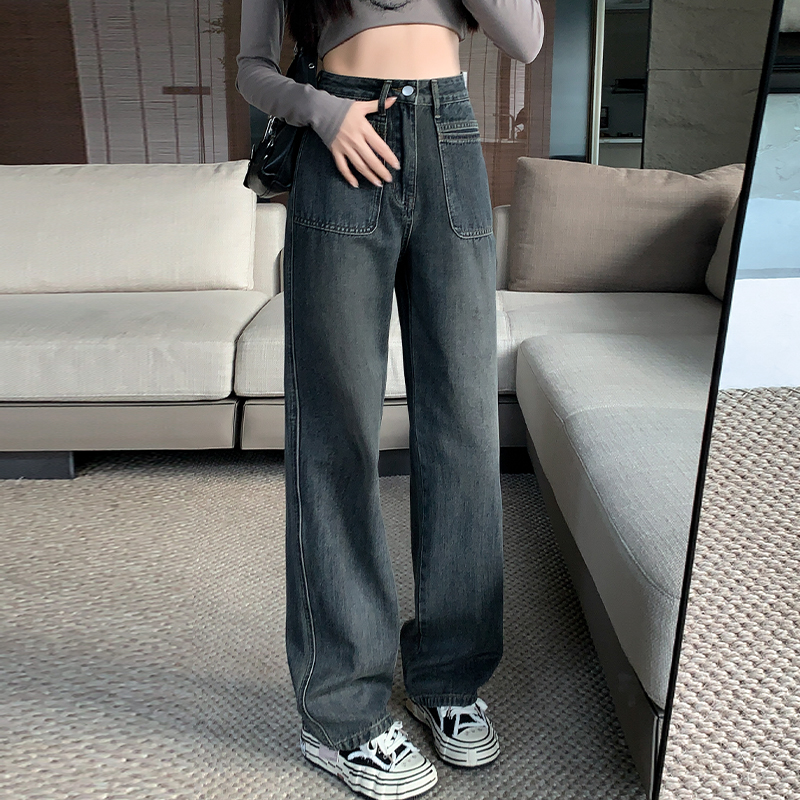實拍2023秋季時尚潮流高腰復古闊腿直筒牛仔褲女