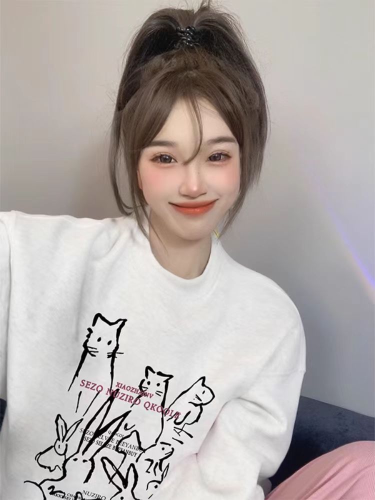 薄款華棉牛奶絲 加絨華棉銀狐絨 圓領印花衛衣女情侶質量