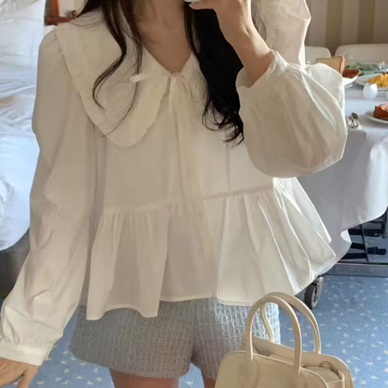 Autumn chic ruffled shirt French V-neck short design top