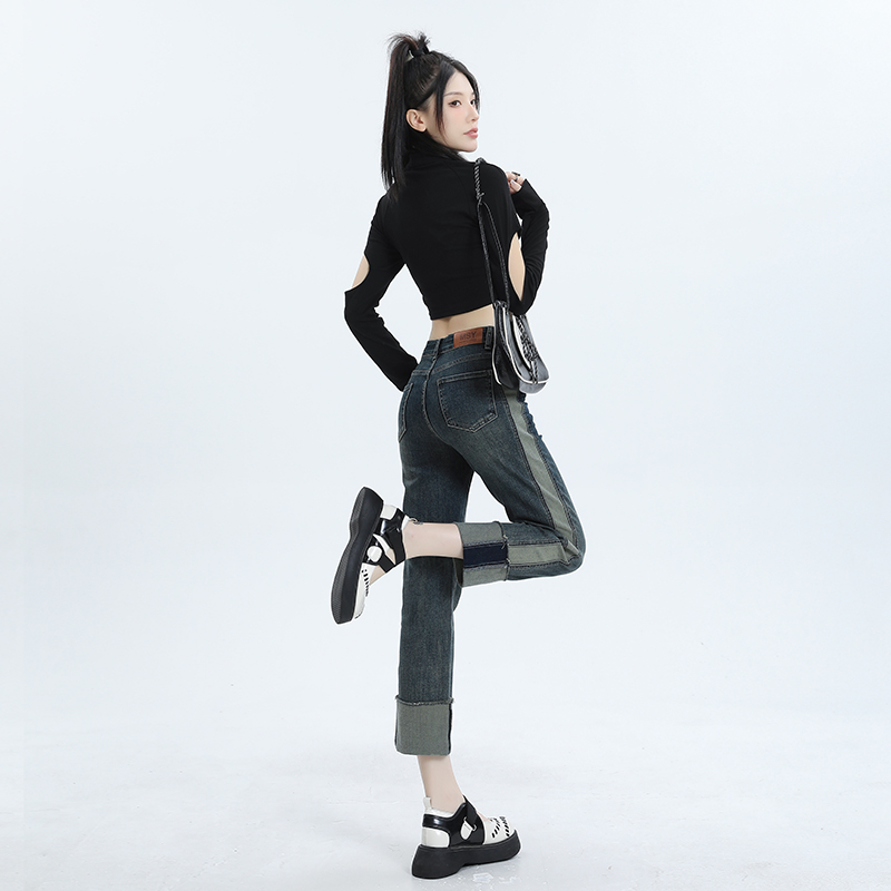 實拍2023秋季時尚潮流復古直筒牛仔褲女