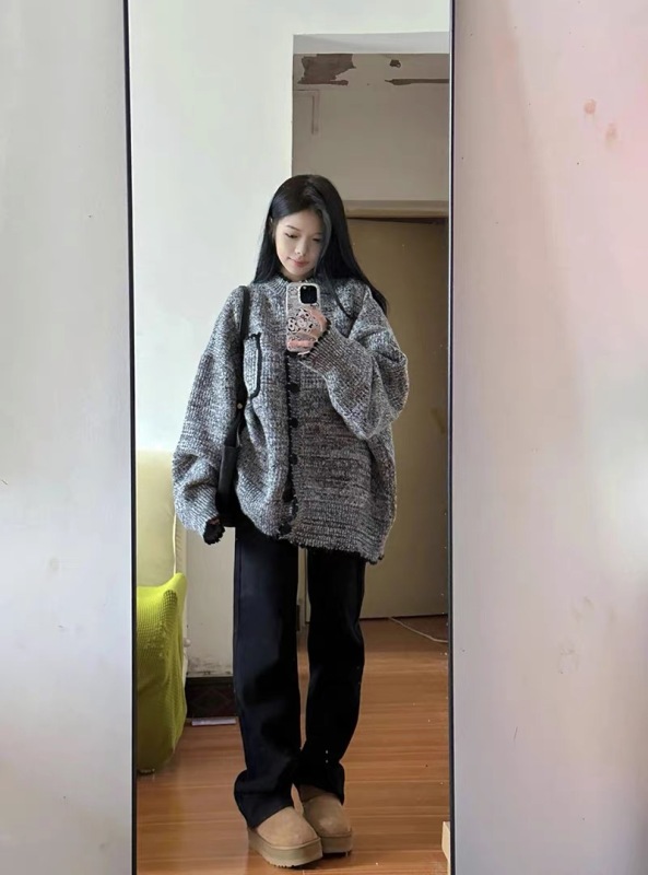 韓版hiphop小香風開衫毛衣女秋冬寬鬆高級感軟糯加厚針織衫外套潮