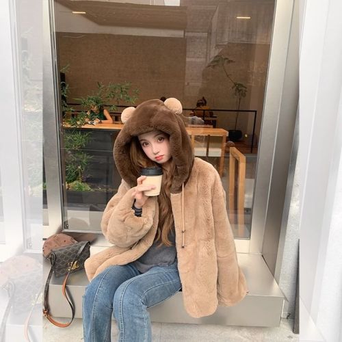 Cute Bear Bear Rabbit Imitation Rex Rabbit Plush Fur Coat 2023 New Autumn and Winter Hooded Thickened Fur Coat Women's Trend
