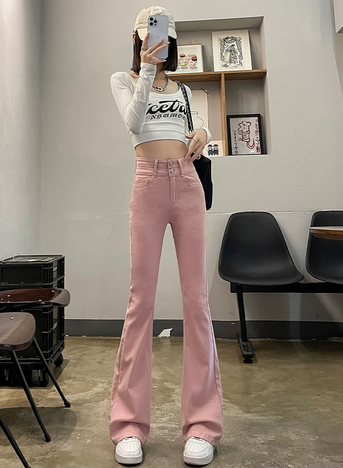 髒粉色微喇牛仔褲女2023年秋裝新款高腰顯瘦顯高辣妹修身喇叭褲子