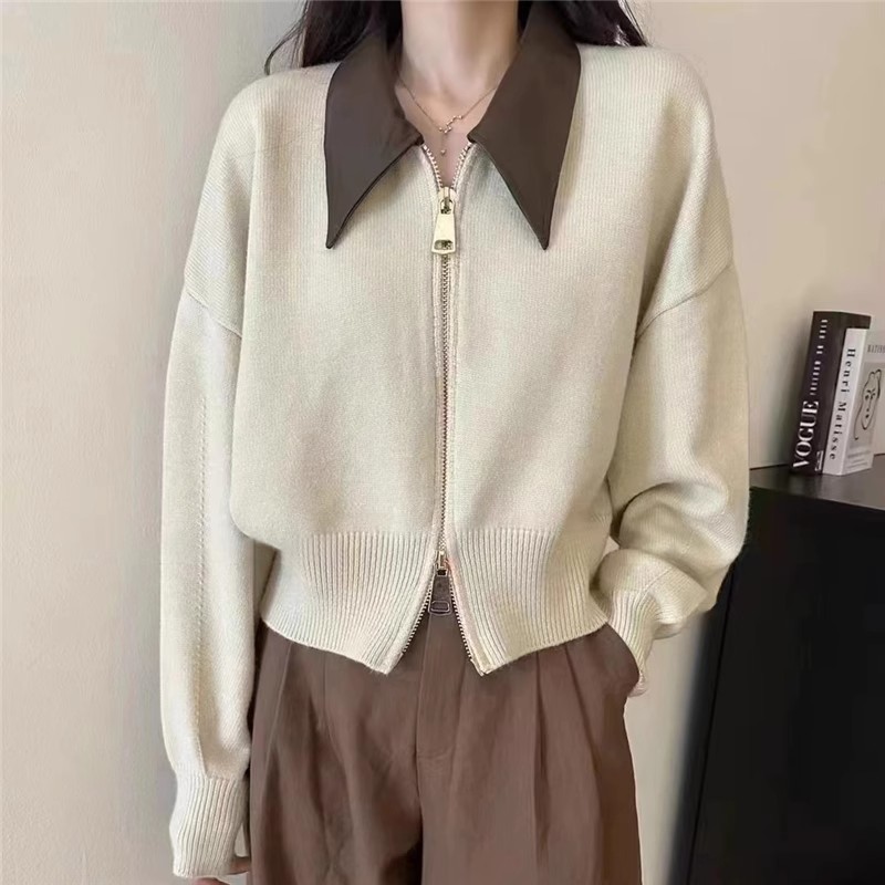 POLO領拼接拉鏈毛衣外套女高級感寬鬆慵懶風秋冬季外穿針織開衫厚