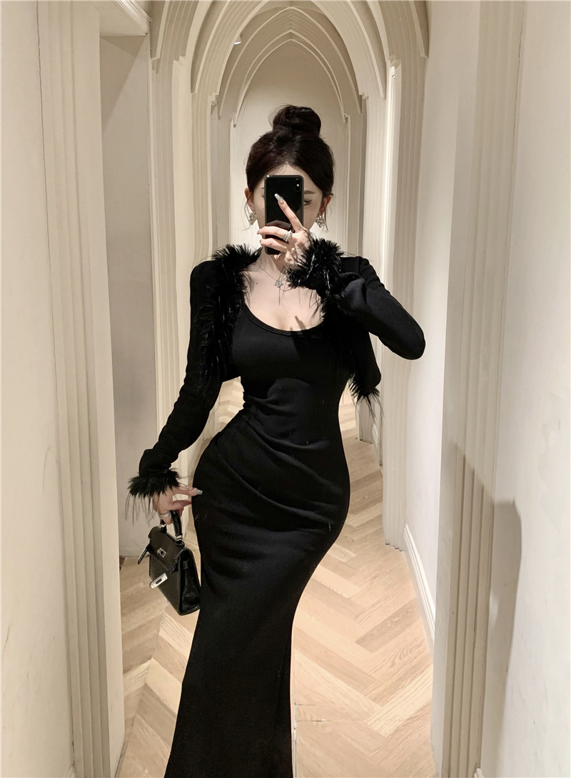 實拍辣妹黑色套裝毛毛拼接長袖開衫女裝秋季包臀吊帶裙氣質兩件套