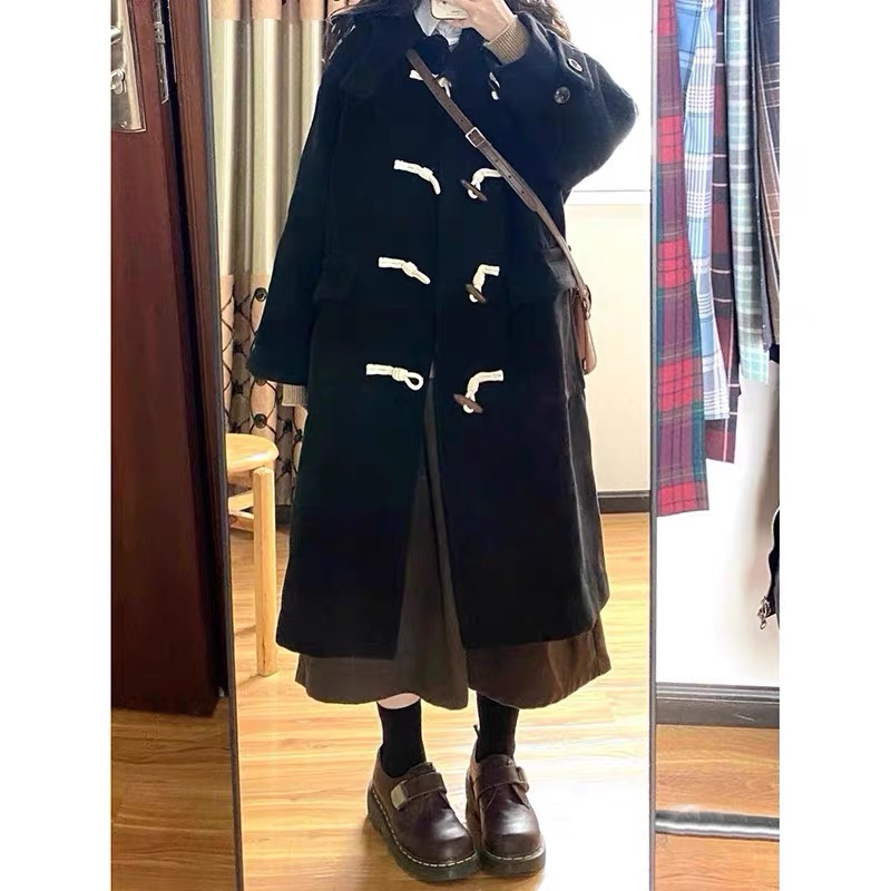 Horn Button Woolen Coat Women's Mid-Length 2023 Autumn and Winter New Hepburn Style Small Hooded Woolen Coat Trendy