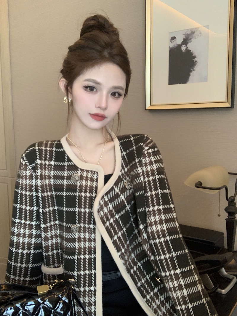 實拍 小香風復古格子短款毛呢外套女秋裝新款顯瘦洋氣外穿上衣