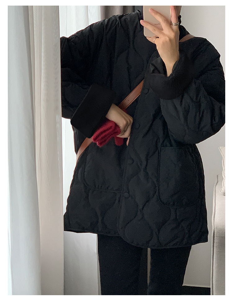 Collarless lamb wool lightweight ins winter cotton coat Korean style loose small fragrant style rhombus warm small cotton coat for women