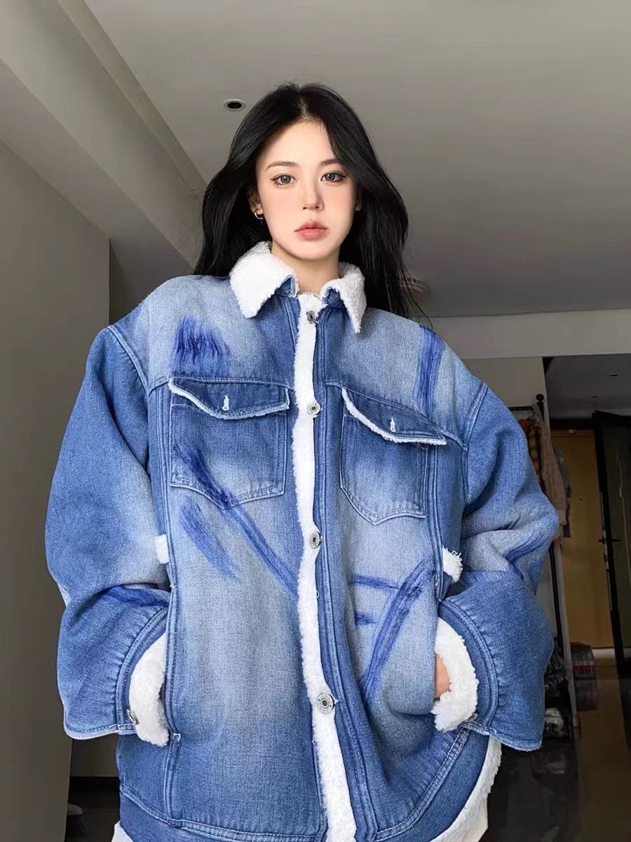 牛仔羊羔毛保暖外套冬季新款塗鴉設計感寬鬆加厚棉襖情侶上衣ins