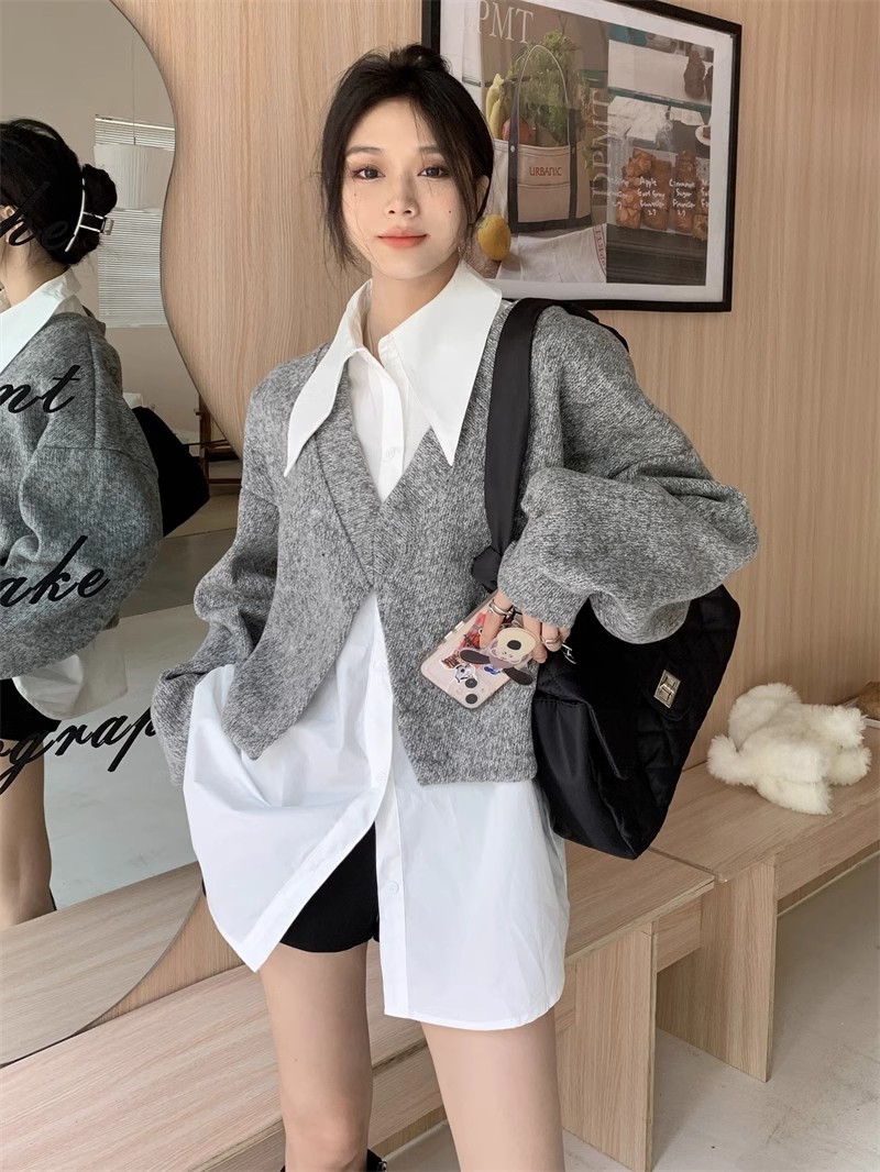 韓系女裝2023年秋季氣質設計感V領疊穿開叉寬鬆長袖罩衫百搭外套