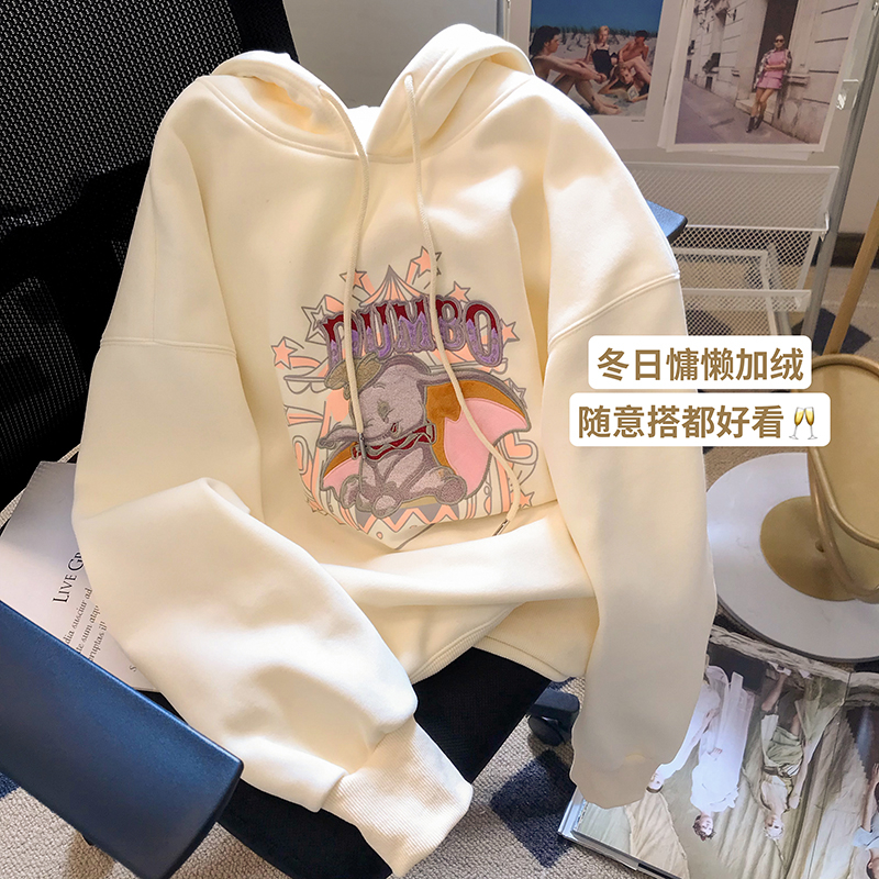 310克仿棉交織布不起球 加絨衛衣女連帽印花+刺繡 後包條雙層帽