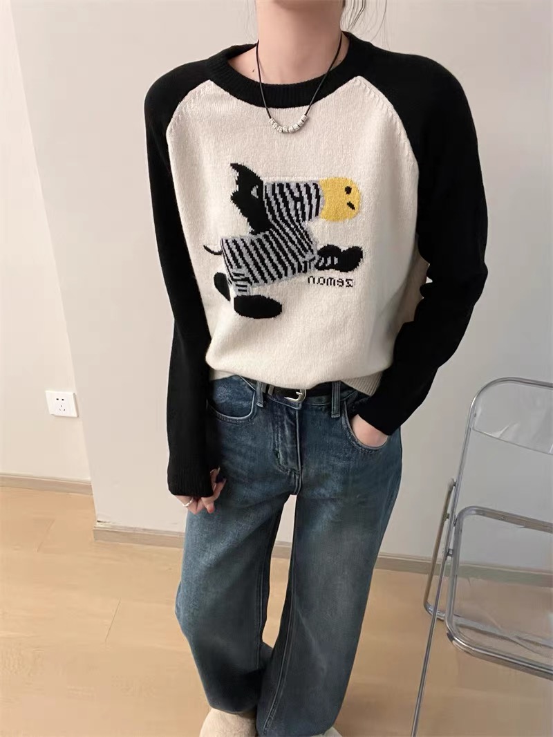 洋氣拼色插肩袖小馬提花羊毛衫毛衣2023冬韓版圓領設計感小眾針織