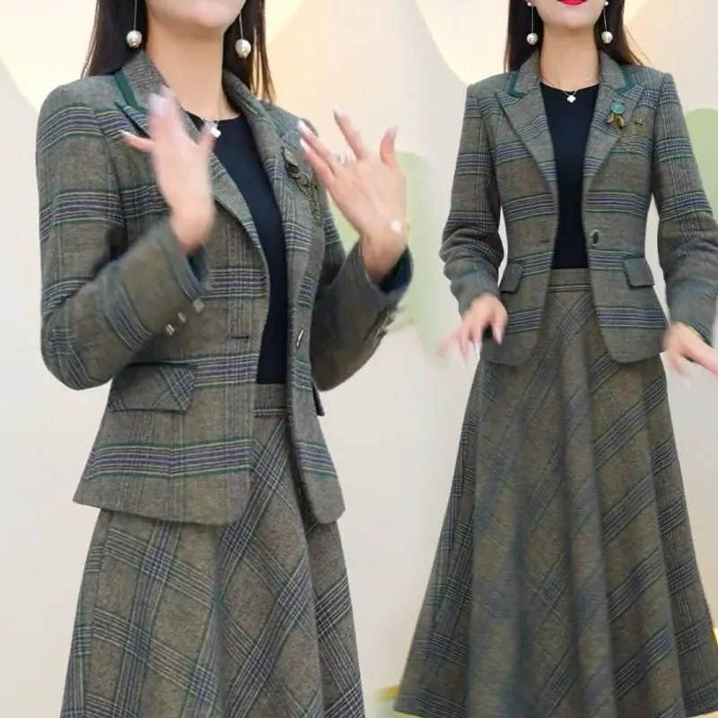 時尚套裝女2023春季新款格紋小西裝半身裙氣質顯瘦兩件套