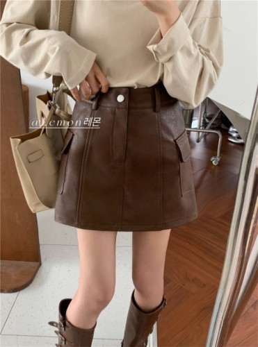 THE LEMON lemon green tea autumn American retro niche tooling high waist thin solid color a-line skirt leather skirt