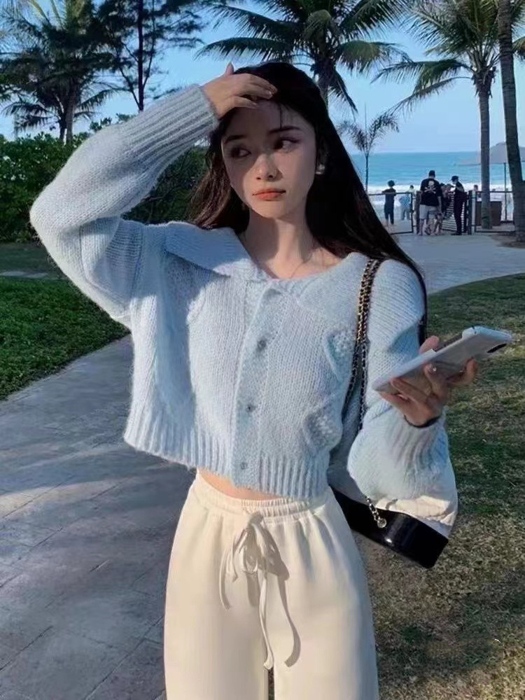 秋冬新款韓版溫柔甜美風翻領菱格短款長袖開衫上衣女