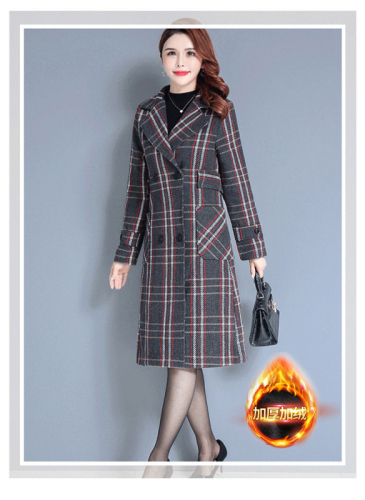 Plush woolen coat for women 2023 autumn and winter long over-the-knee thickened warm houndstooth plaid woolen coat