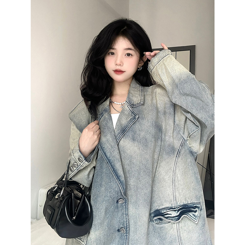 Solid color versatile new short coat single breasted straight style ins lapel trendy long sleeve women's simple Harajuku popular