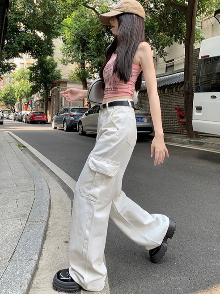 白色工裝褲女2023年新款秋季美式高街寬鬆顯瘦高腰直筒闊腿牛仔褲