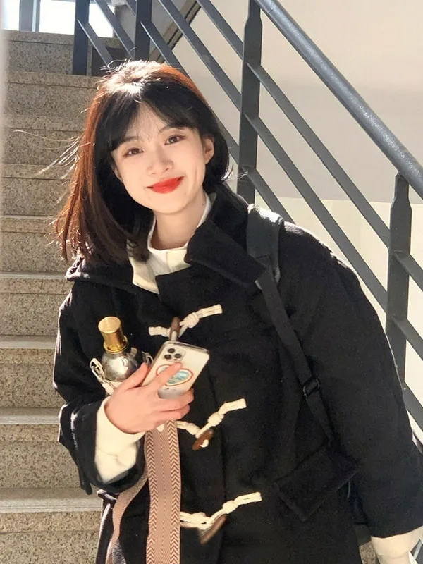 韓版赫本風小個子連帽寬鬆百搭牛角扣毛呢外套