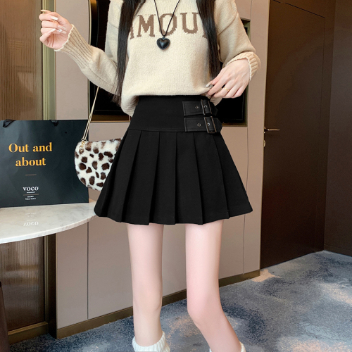 Actual shot of  new design niche high-waist slimming A-line pleated short skirt woolen skirt for small people