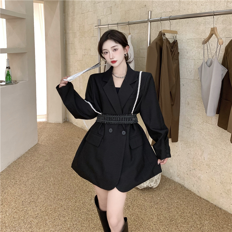 #realshot# Explosive street loose suit jacket + heavy industry pearl suspender two-piece set