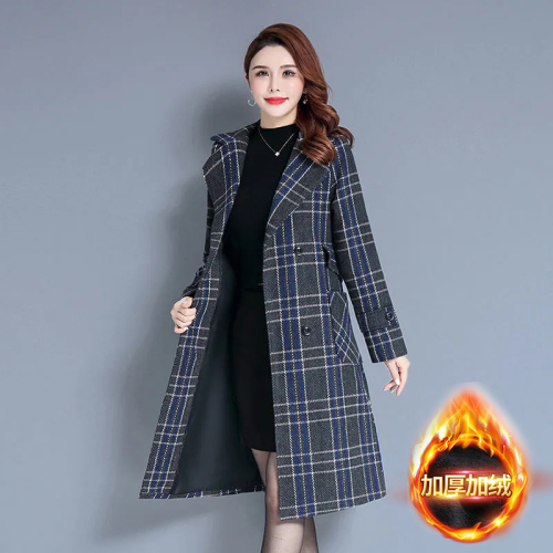 Plush woolen coat for women 2023 autumn and winter long over-the-knee thickened warm houndstooth plaid woolen coat
