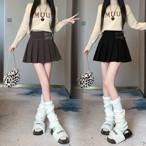 Actual shot of  new design niche high-waist slimming A-line pleated short skirt woolen skirt for small people