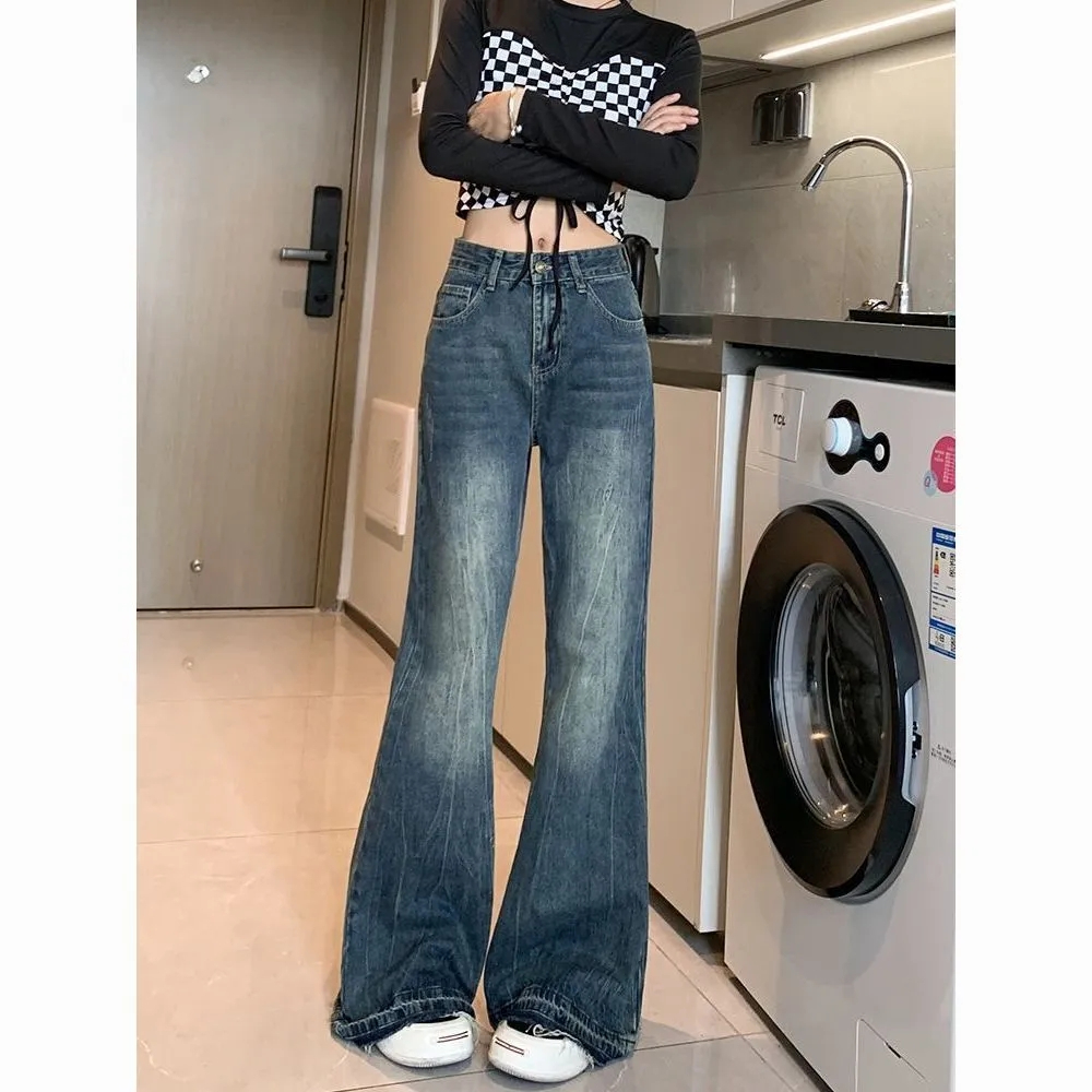 復古毛邊微喇牛仔褲女春秋新款高腰寬鬆顯瘦闊腿喇叭褲子潮