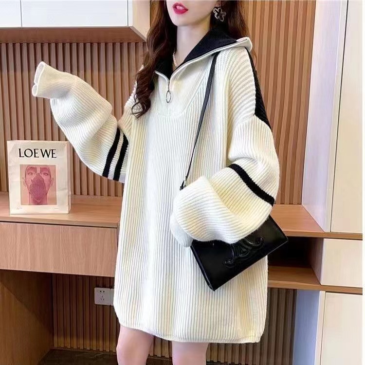 加厚中長款高領毛衣女設計感2023新款秋季拼色寬鬆慵懶風上衣外穿