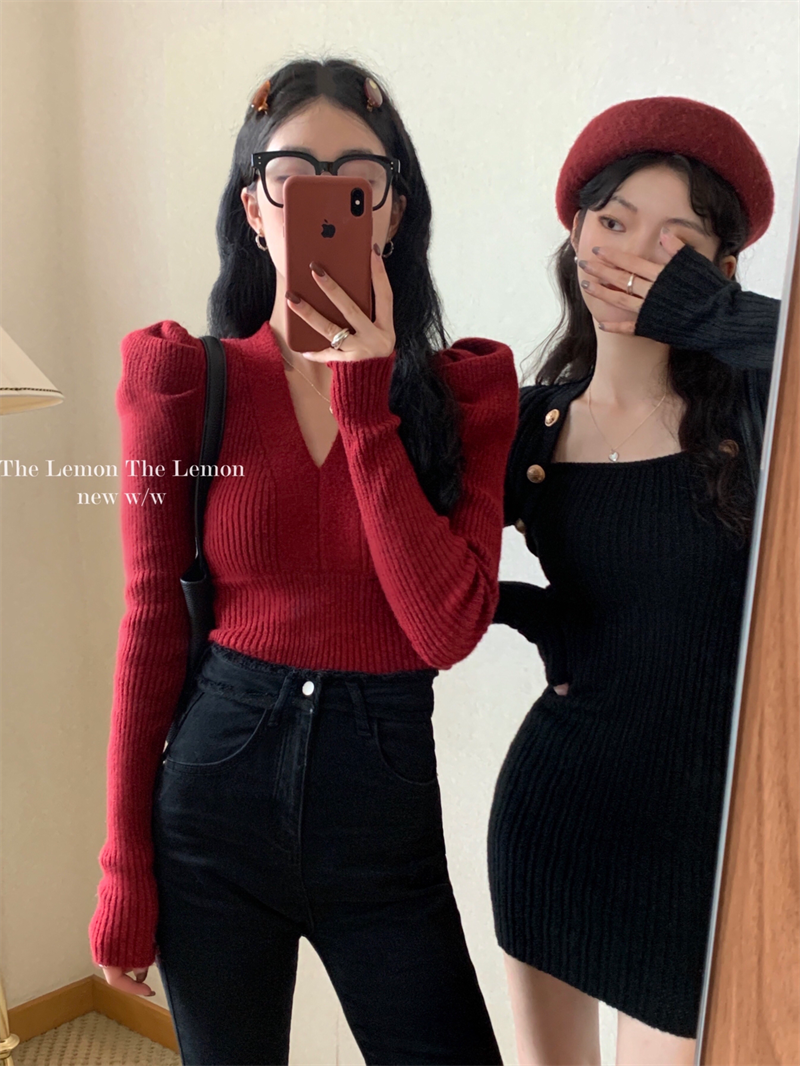 THE LEMON氣質v領修身泡泡袖針織衫秋冬加厚白色毛衣打底衫女ins