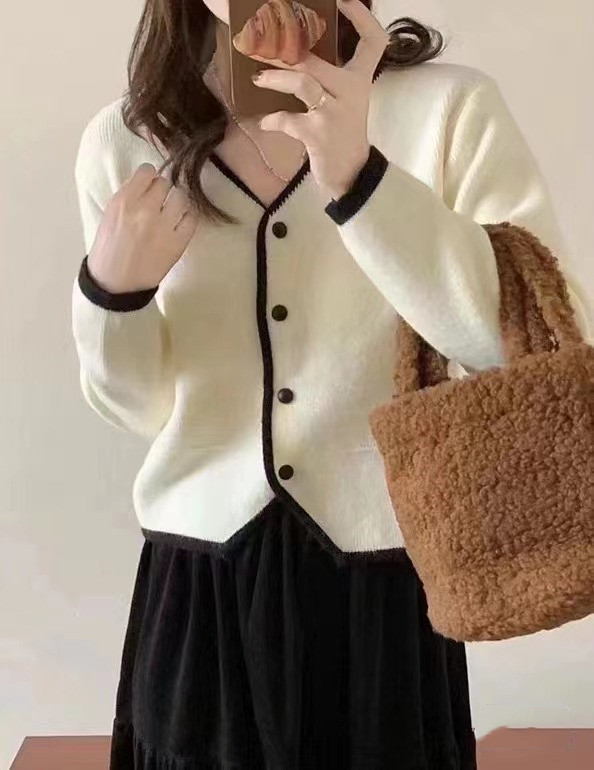 秋冬新款韓版時尚氣質小香風V領拼色邊長袖開衫上衣女