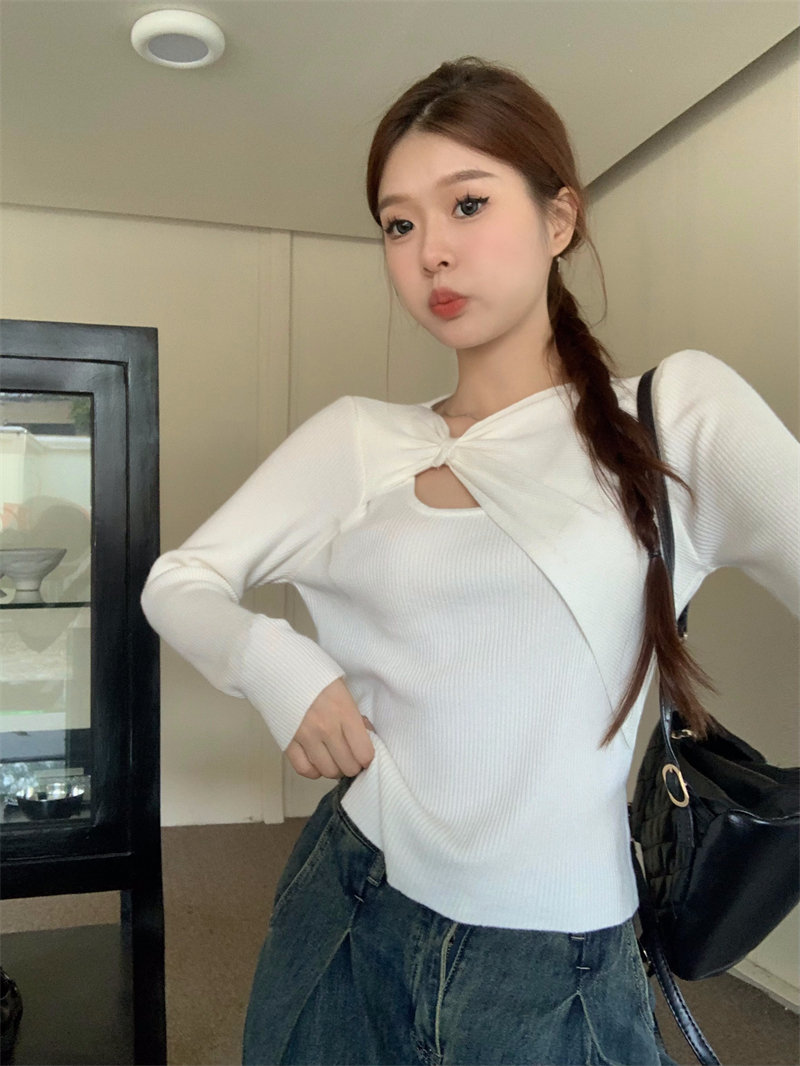 實拍秋冬韓版小心機修身針織打底衫氣質長袖蝴蝶結不規則上衣