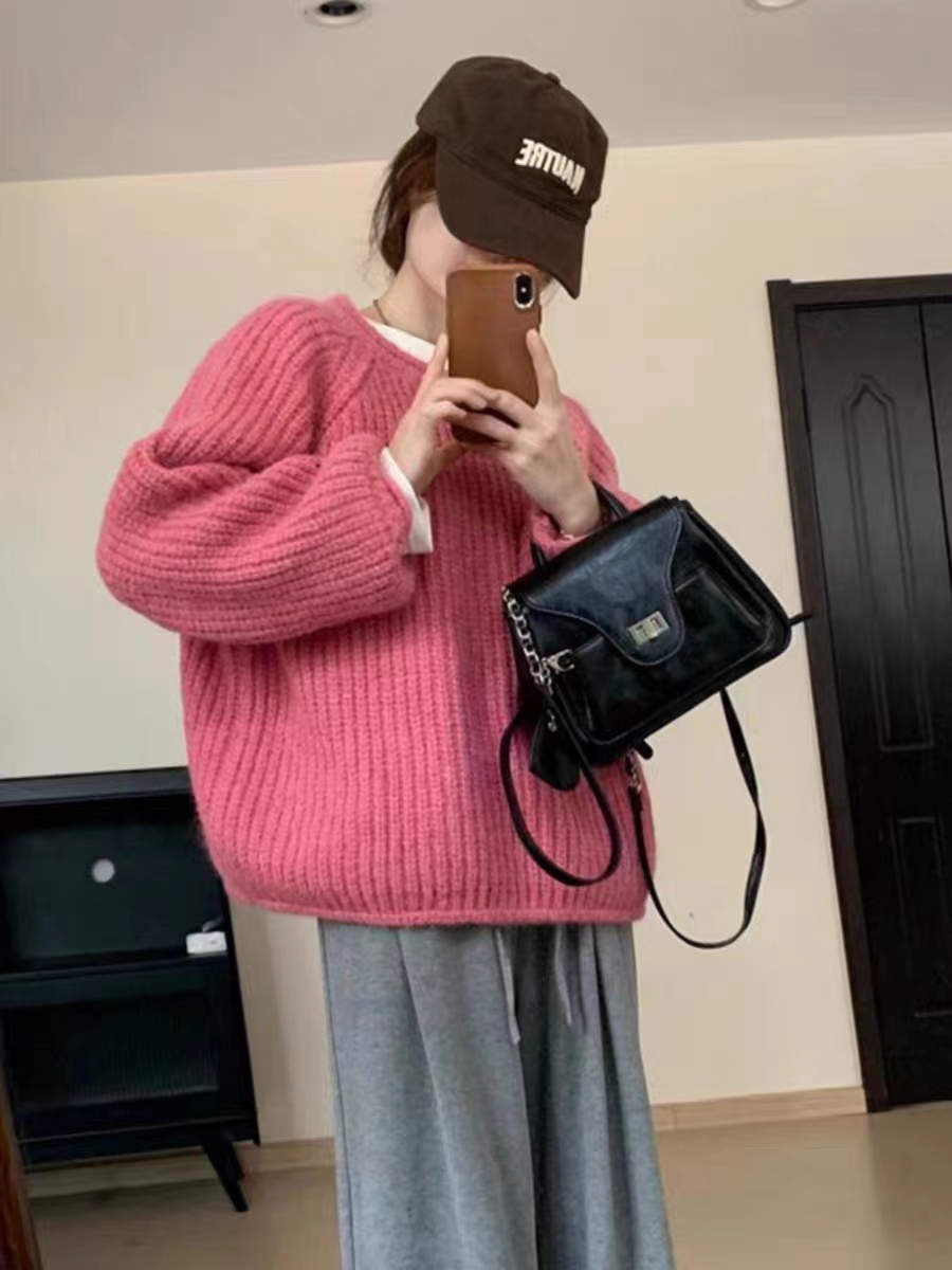 慵懶風卷邊粗毛線毛衣2023秋冬新款女寬鬆顯瘦韓版圓領上衣針織衫