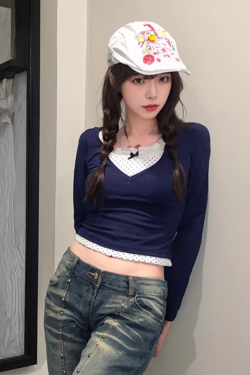 秋季新款美式甜辣復古修身波點假兩件上衣V領純欲顯瘦長袖T恤女潮