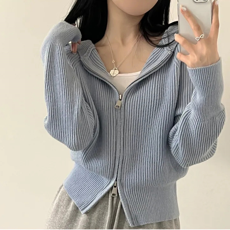 韓版chic時尚百搭雙頭拉鏈連帽毛衣外套女秋冬短款針織衫開衫上衣