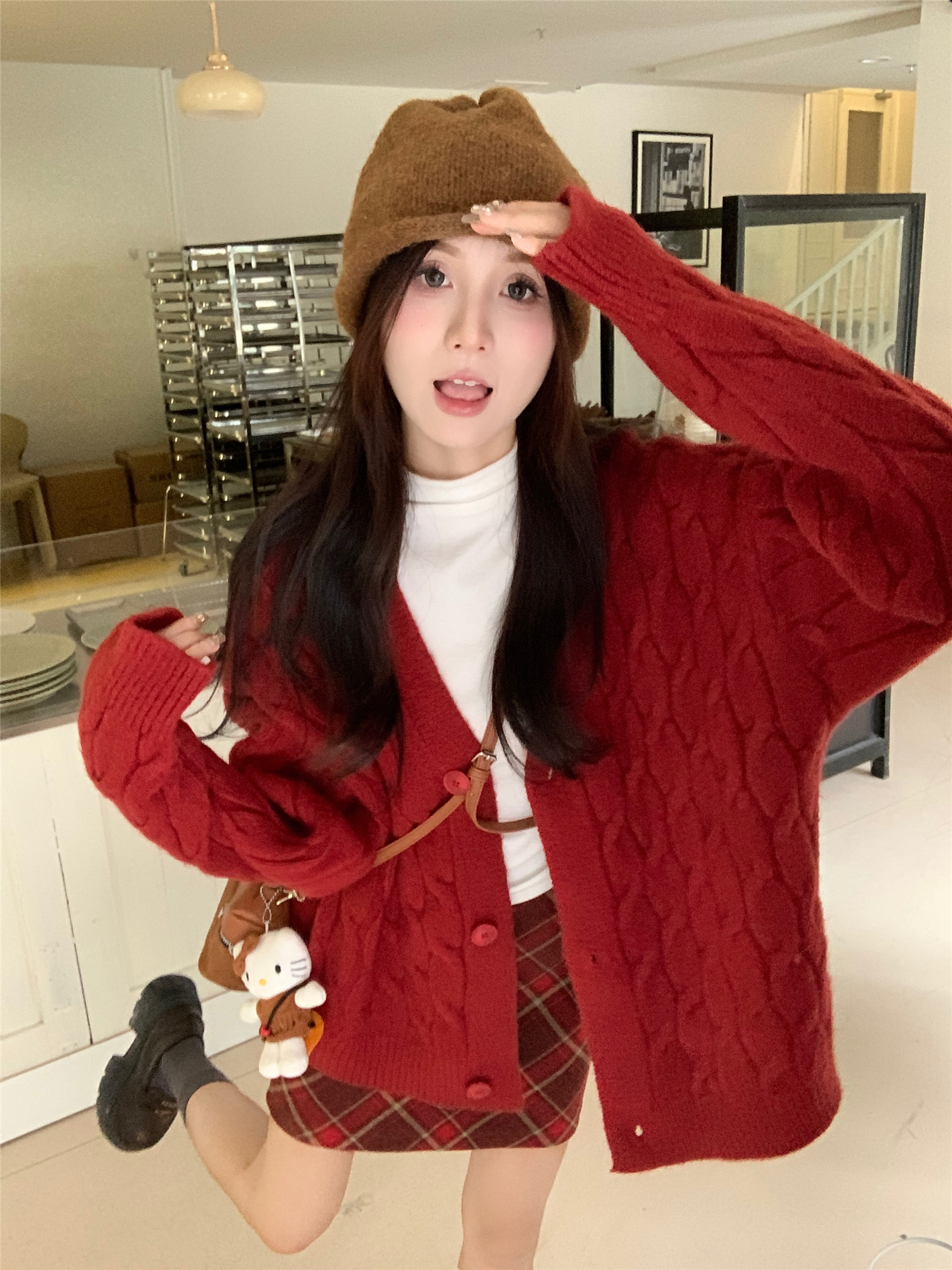 實拍~紅色麻花毛衣外套女2023新款秋冬寬鬆慵懶上衣三件套