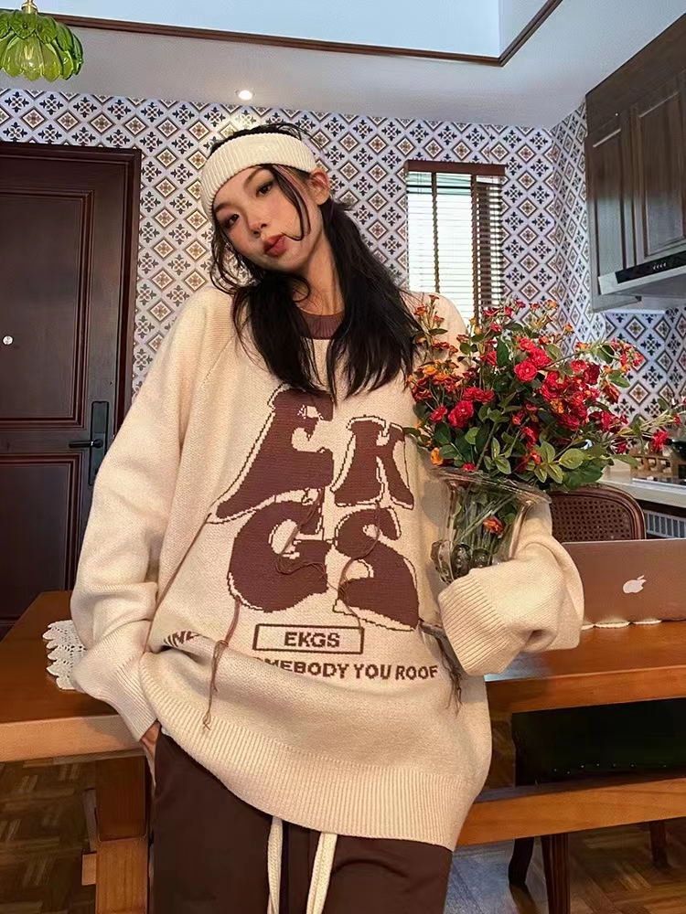 MAIKAO American retro tassel crew neck sweater for women in autumn loose lazy couple sweater pullover coat