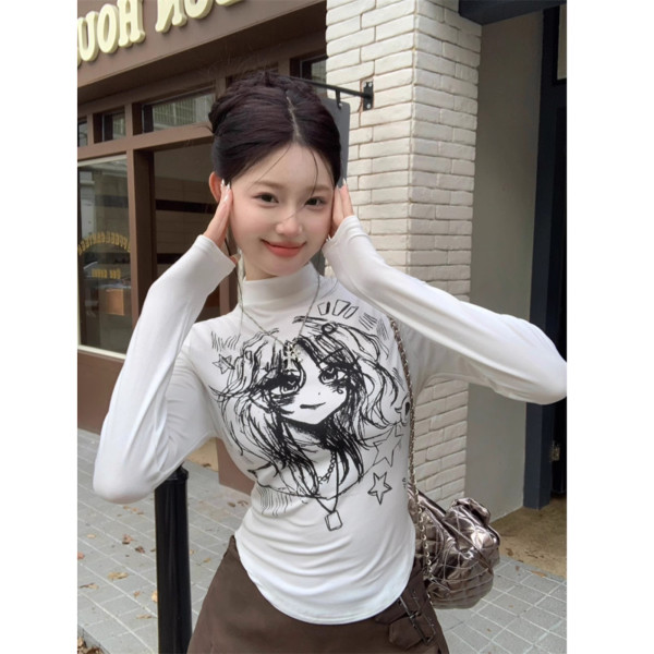 美式辣妹設計半高領長袖T恤女卡通印花修身上衣