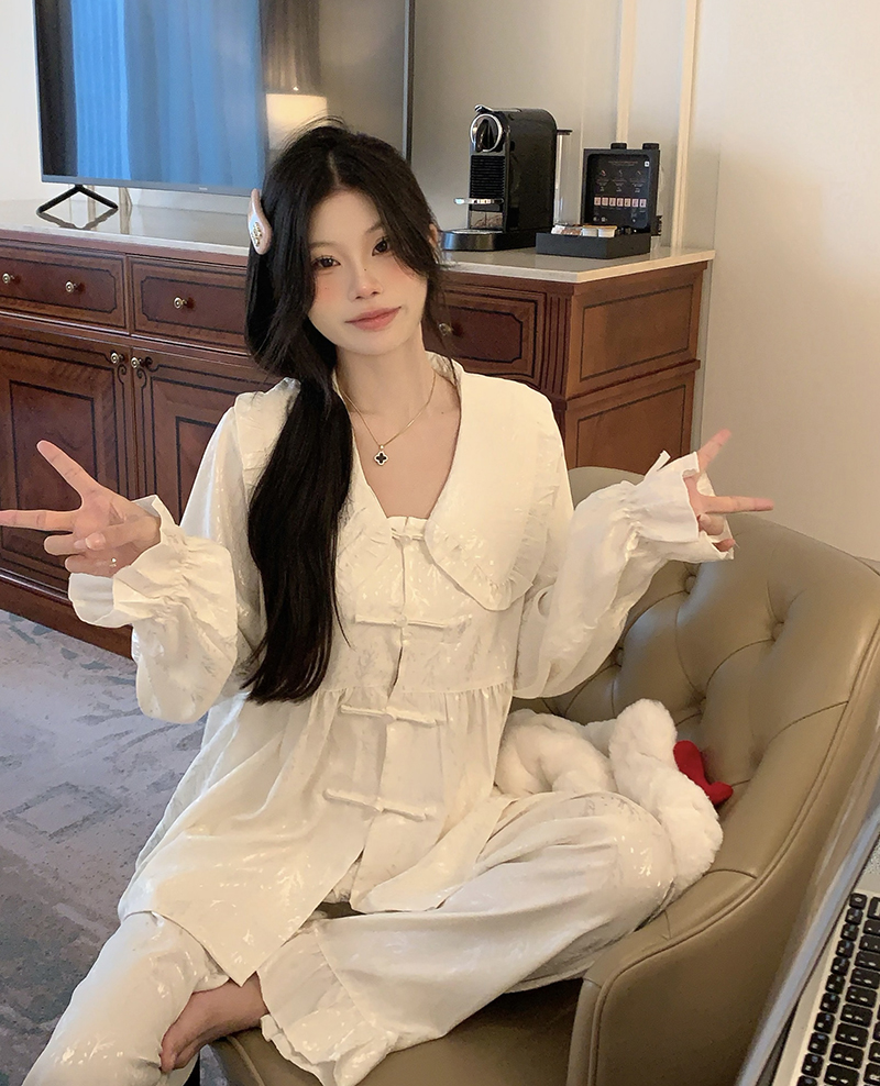 實拍 秋冬長袖提花氣質睡衣長褲可外穿套裝家居服兩件套