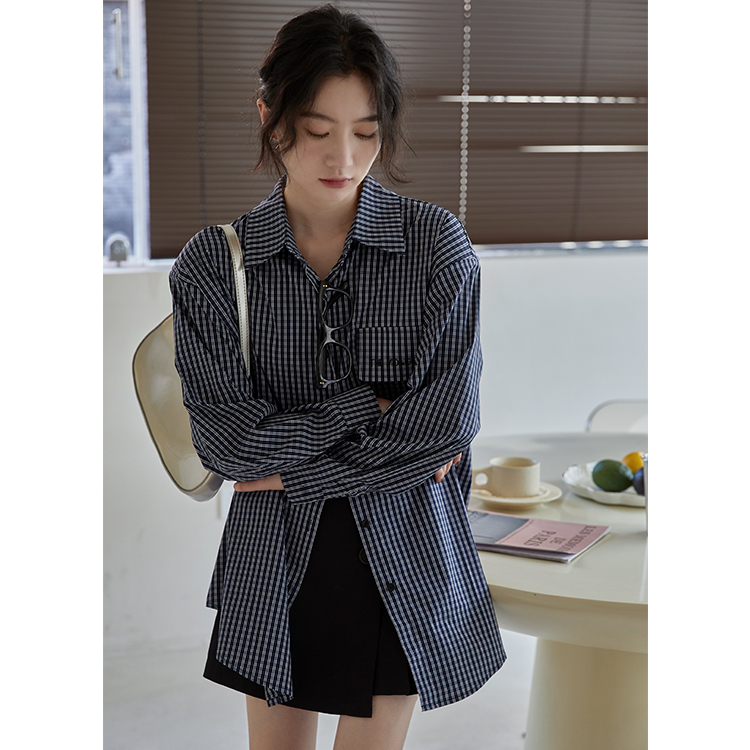 實拍港味新款襯衫女寬鬆oversize格子襯衣外套女長袖中長款襯衣