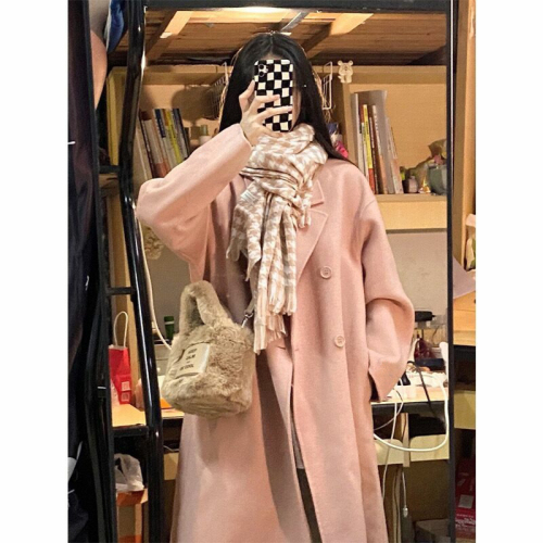 Pink woolen coat for women 2023 autumn and winter new woolen coat Hepburn style small person Korean style
