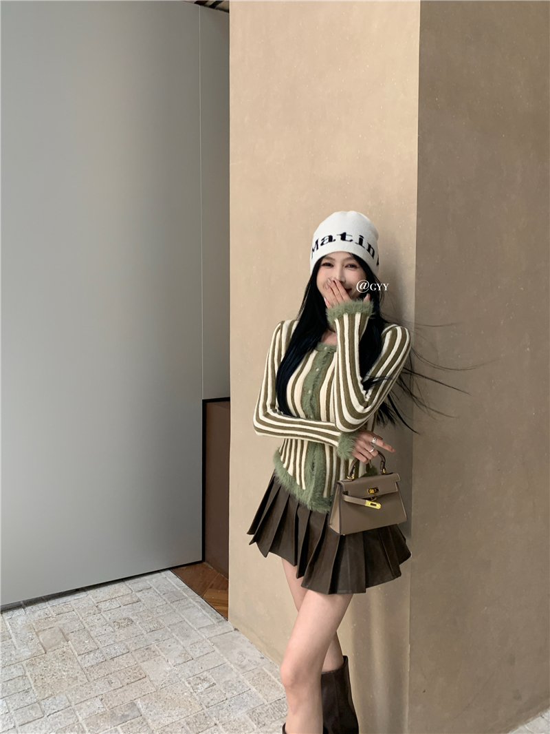 實拍  美式豎條紋針織開衫女秋冬新款復古風毛絨毛衣