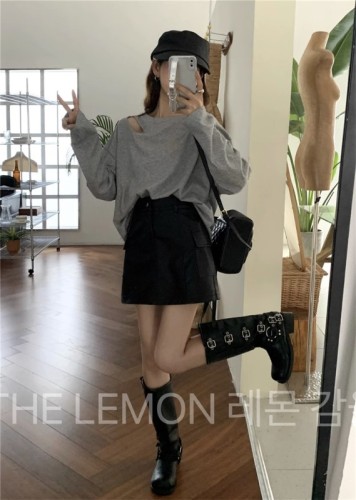 THE LEMON lemon green tea autumn American retro niche tooling high waist thin solid color a-line skirt leather skirt