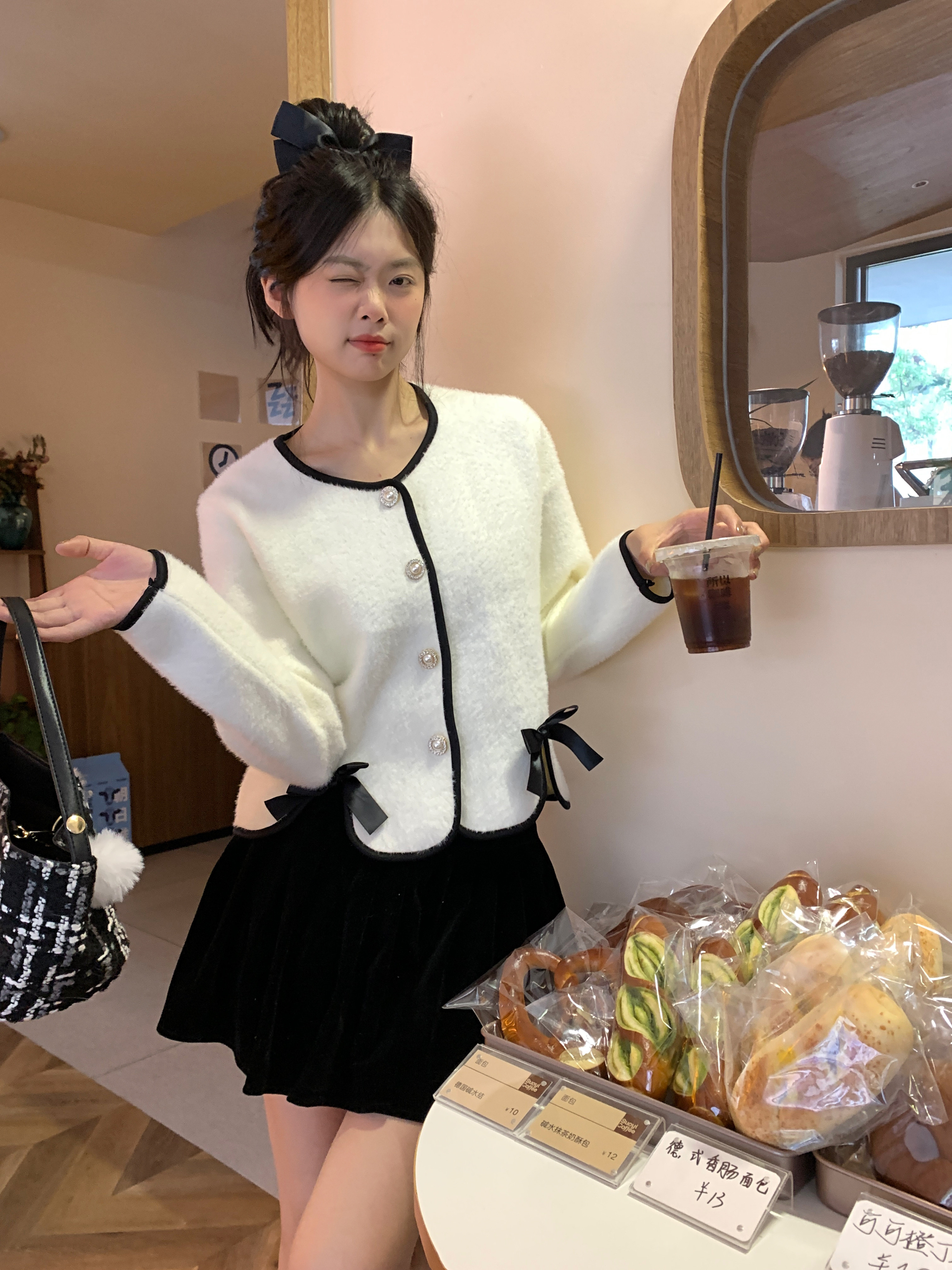 實拍套裝小香風針織衫秋冬蝴蝶結系帶撞色寬鬆設計感長袖開衫